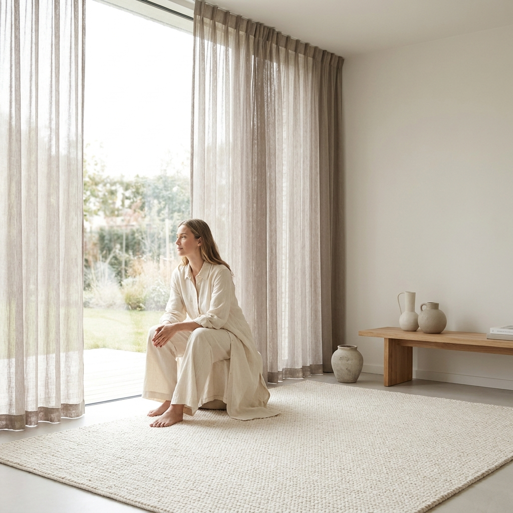 Vrouw rustig bij het raam in een licht interieur