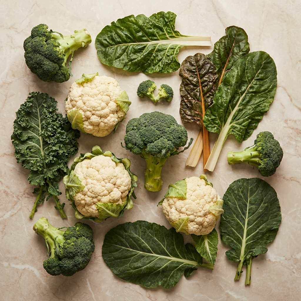 Verse broccoli, bloemkool en groene groenten op een lichte ondergrond