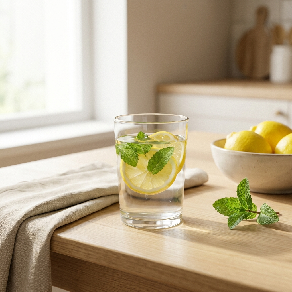 Glas water met citroen en verse munt op een houten tafel