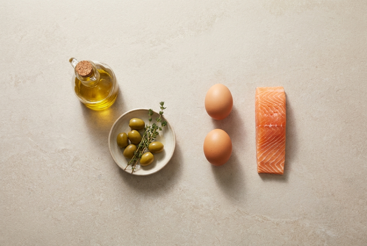 Flatlay met olijfolie, olijven, ei en zalm