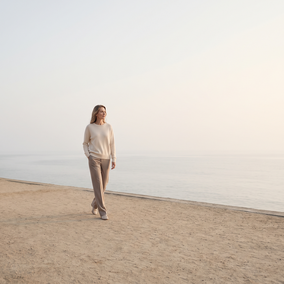 Vrouw wandelt in de ochtend langs de kust