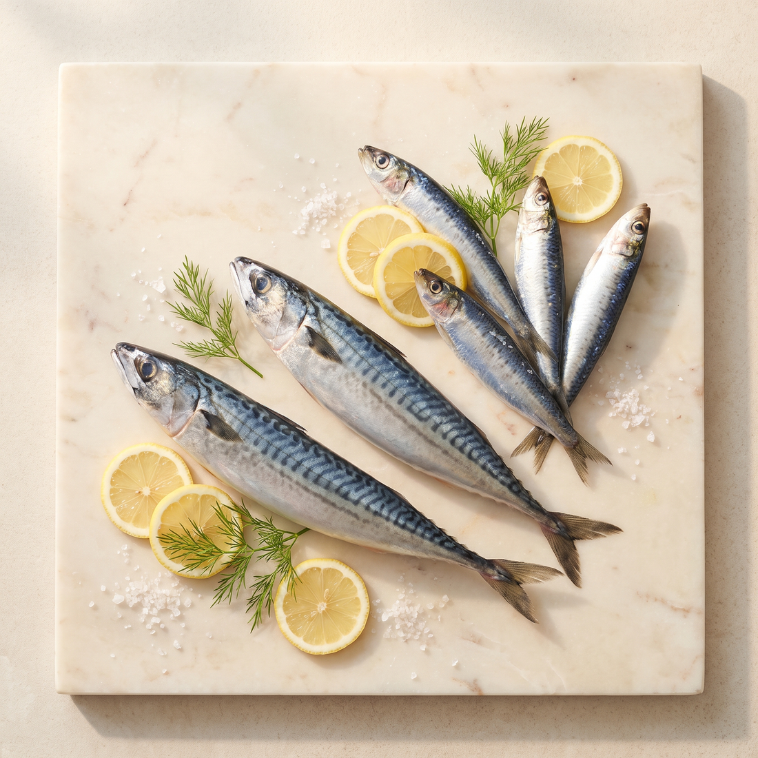 Flatlay met verse makreel en sardines op marmer