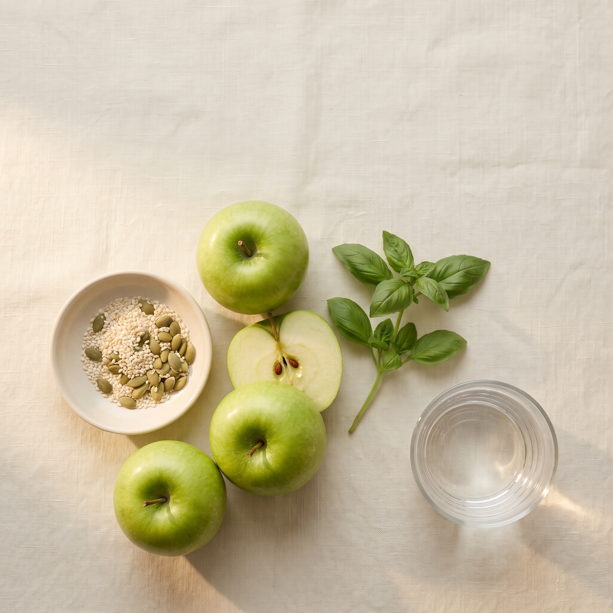 Flatlay met groene appels, zaden en een glas water op linnen