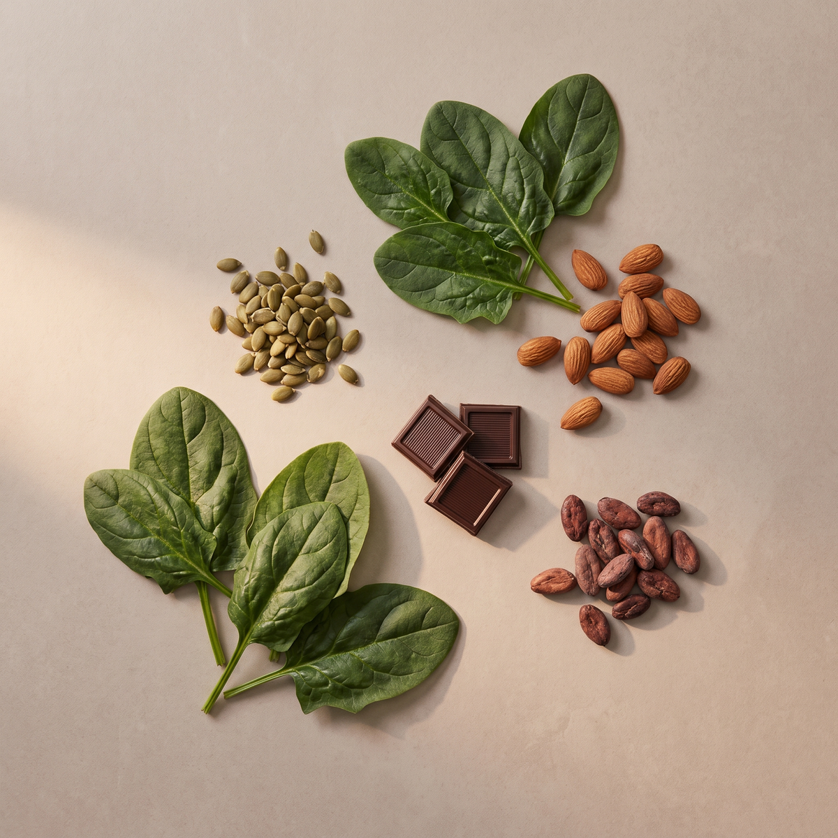 Flatlay met spinazie, pompoenpitten, amandelen en pure chocolade