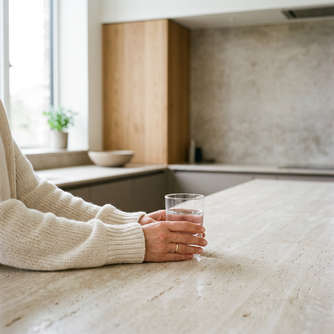 Vrouw met een glas water in een lichte, opgeruimde keuken