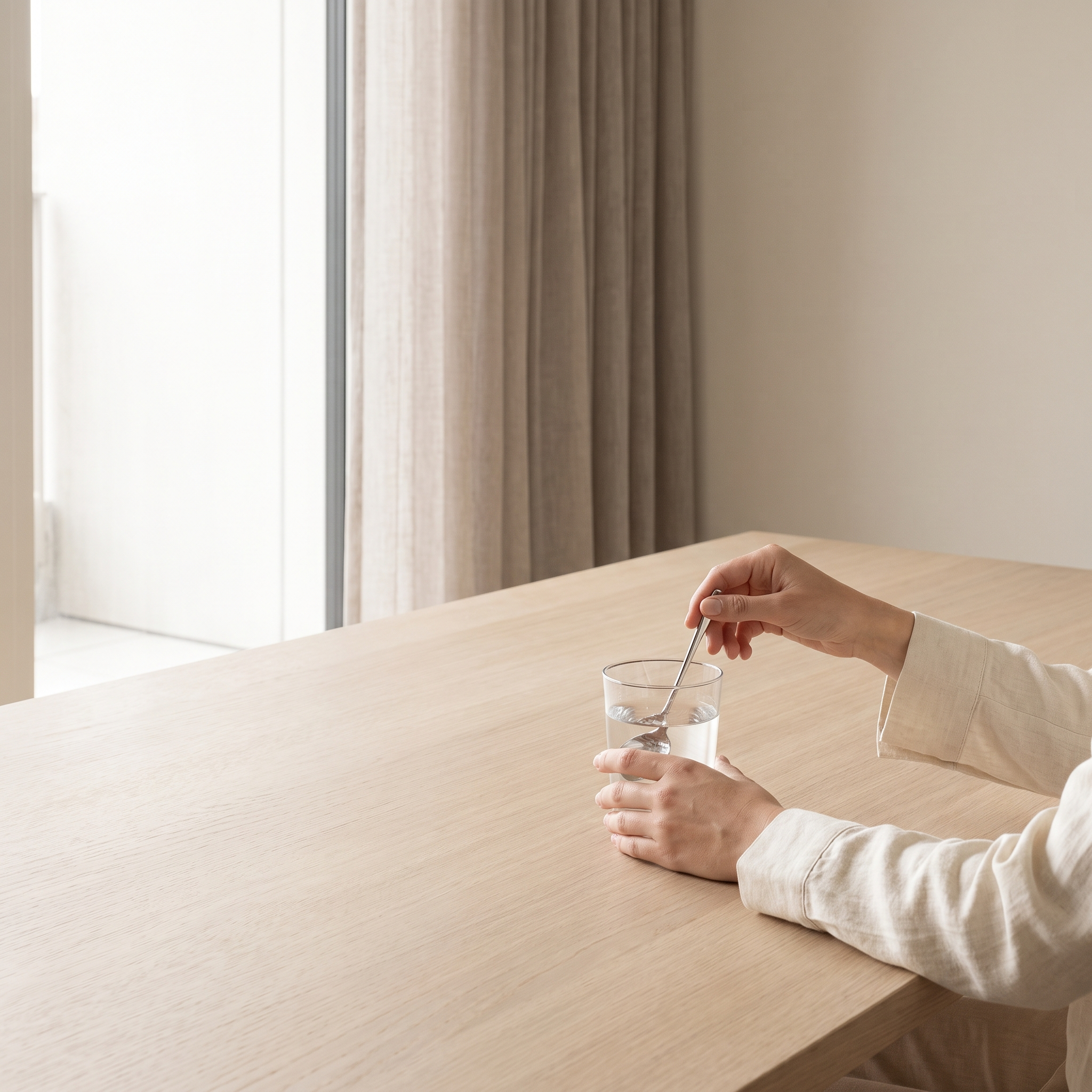 Handen roeren een glas water aan een lichte houten tafel bij het raam