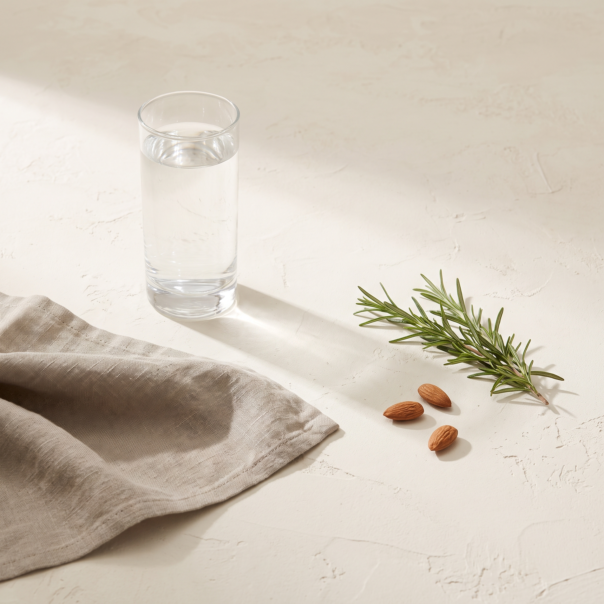Glas water met linnen doek, verse kruiden en amandelen op een lichte ondergrond