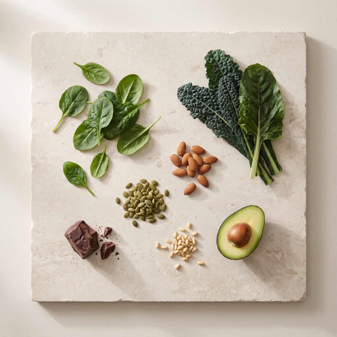 Flatlay met spinazie, boerenkool, amandelen, pompoenpitten en rauwe cacao