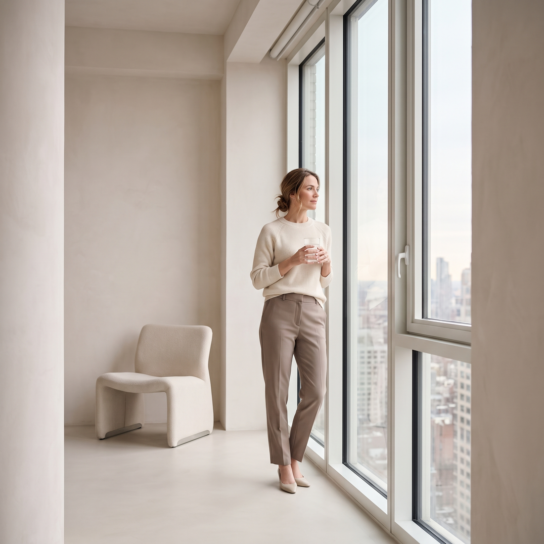 Vrouw met een glas water bij het raam in een rustig, licht interieur