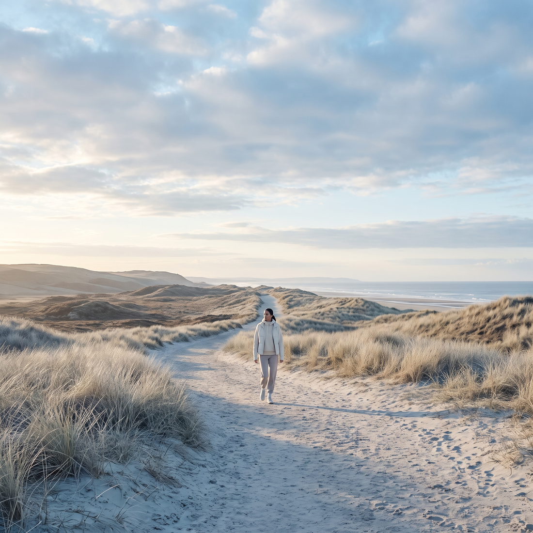 Vrouw wandelt in de ochtend over een breed duinpad