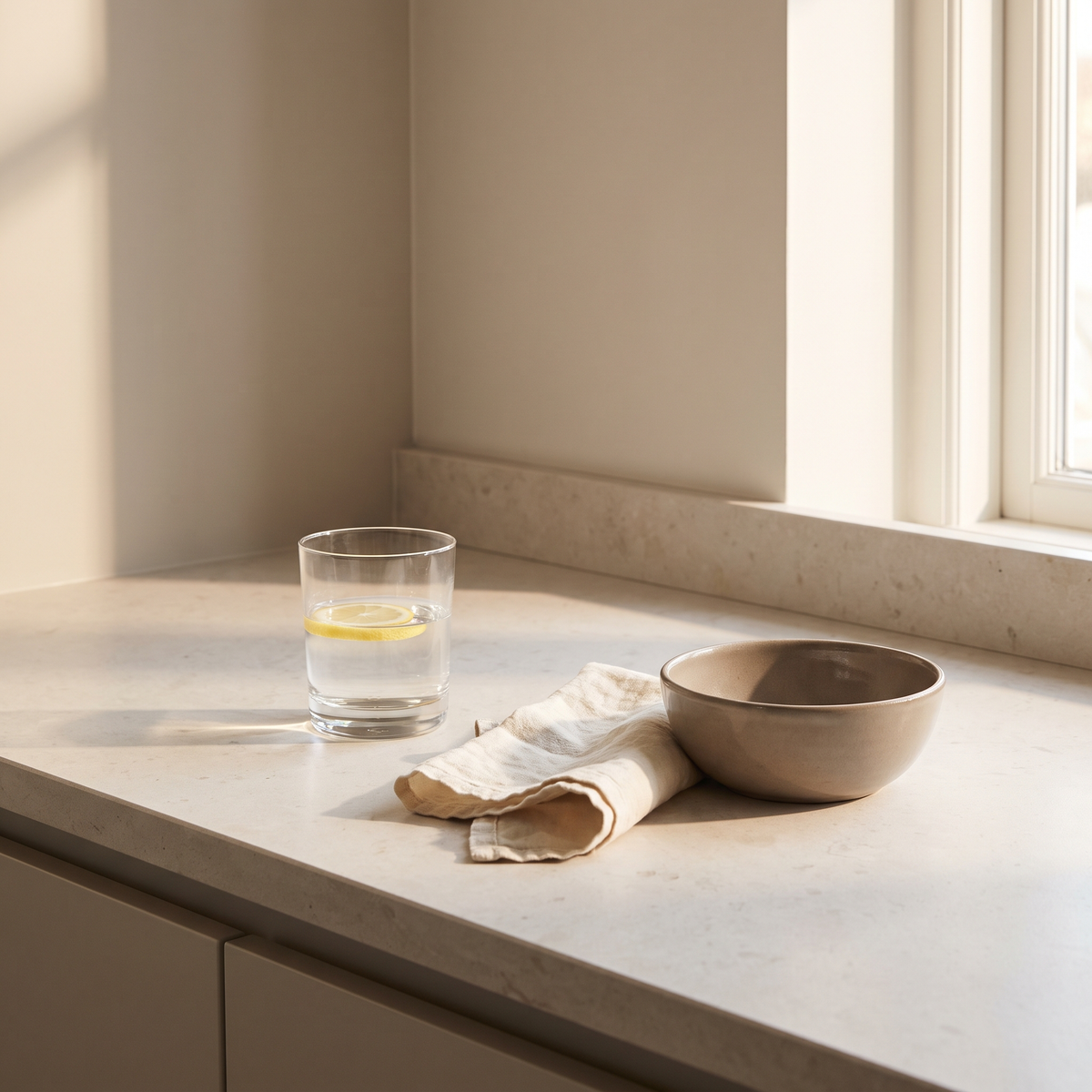 Glas water met citroen op een licht aanrechtblad