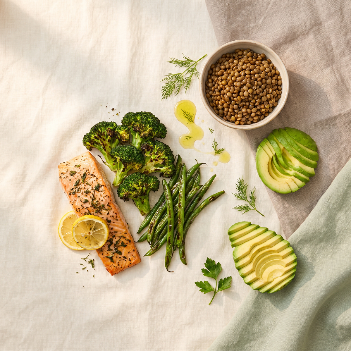 Bord met zalm, broccoli, sperziebonen, linzen en avocado