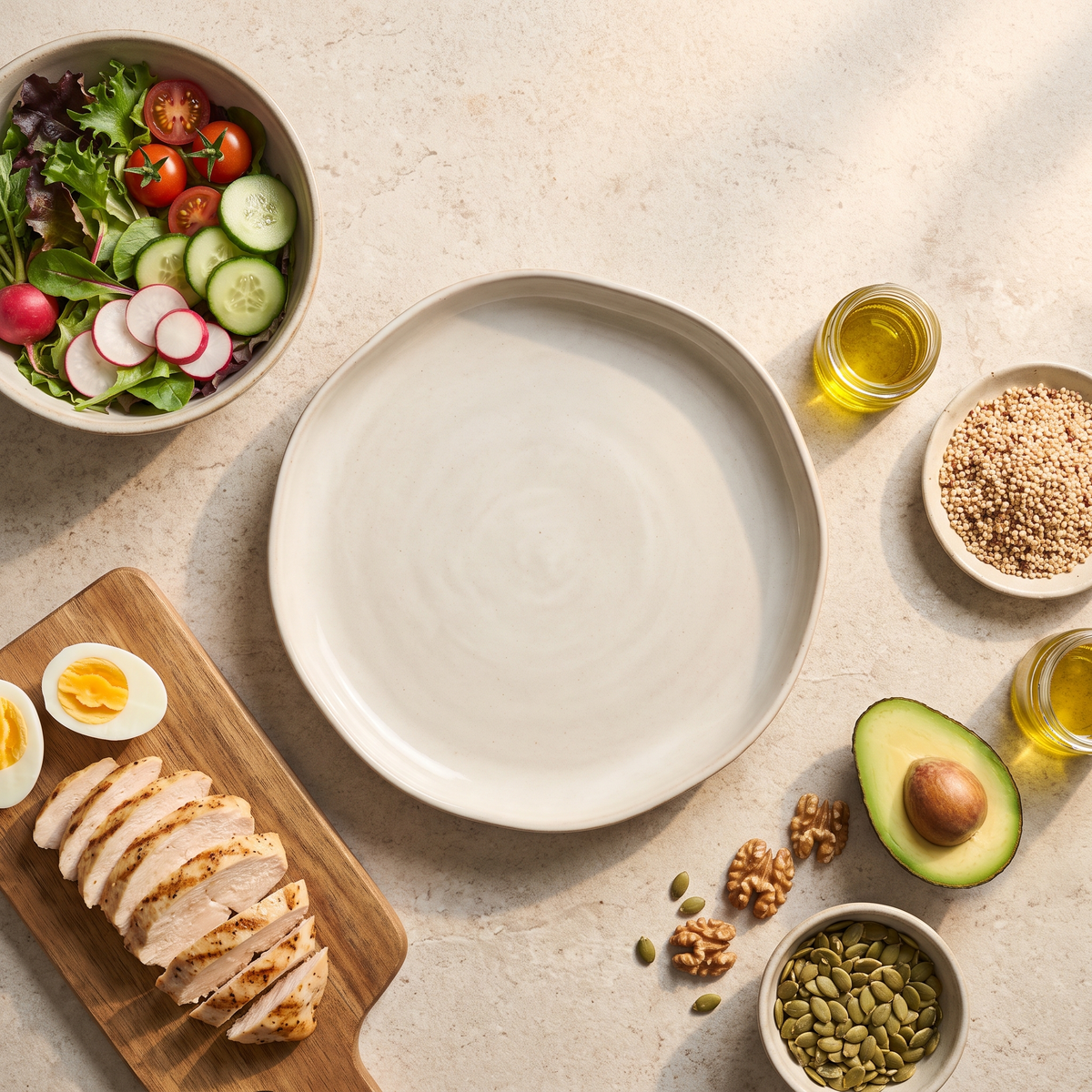 Leeg bord met groente, kip, ei, avocado, quinoa en noten eromheen