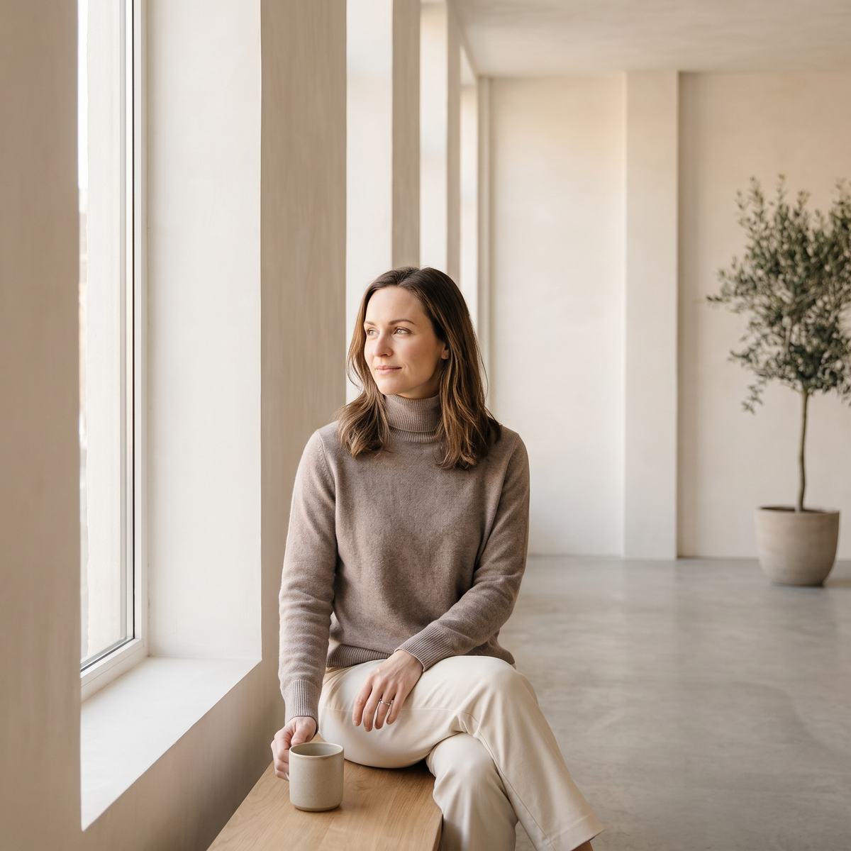 Vrouw zit rustig bij een hoog raam in een lichte ruimte