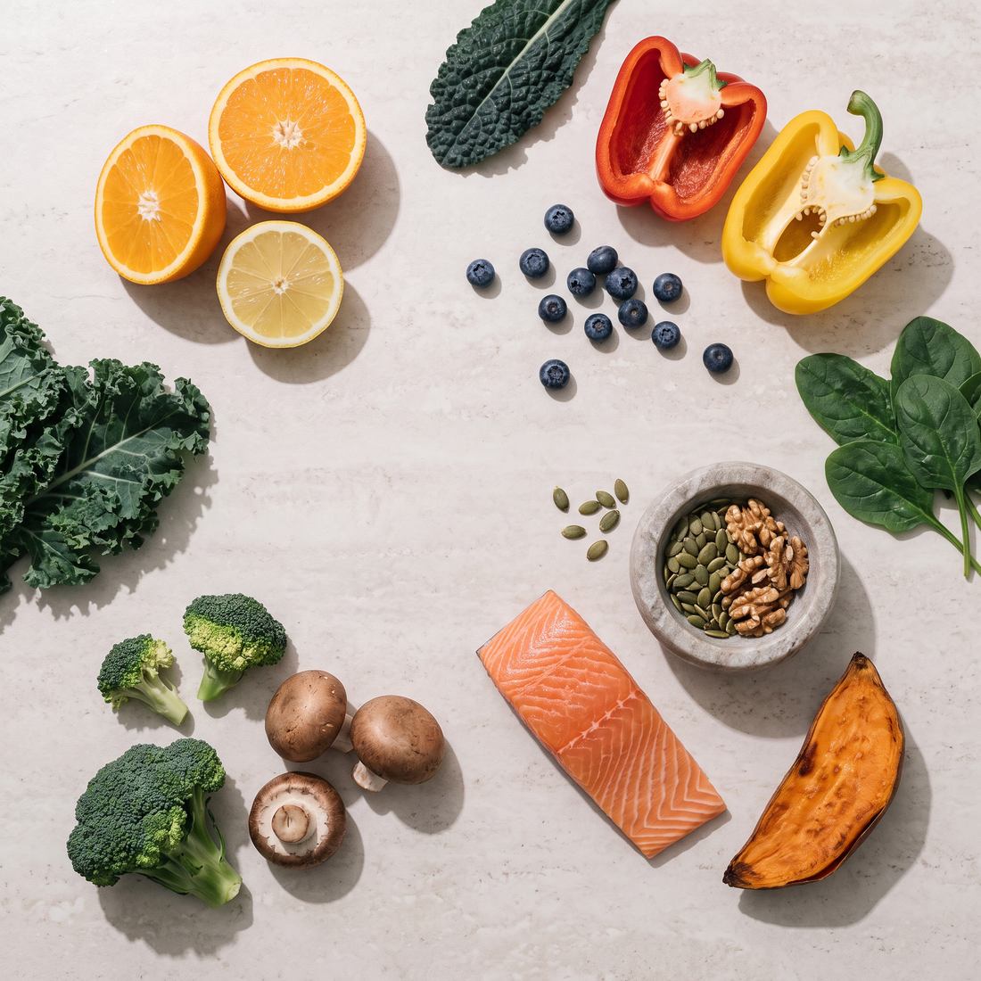 Flatlay met citrusfruit, paprika, bladgroenten, paddenstoelen, zalm, noten en zaden