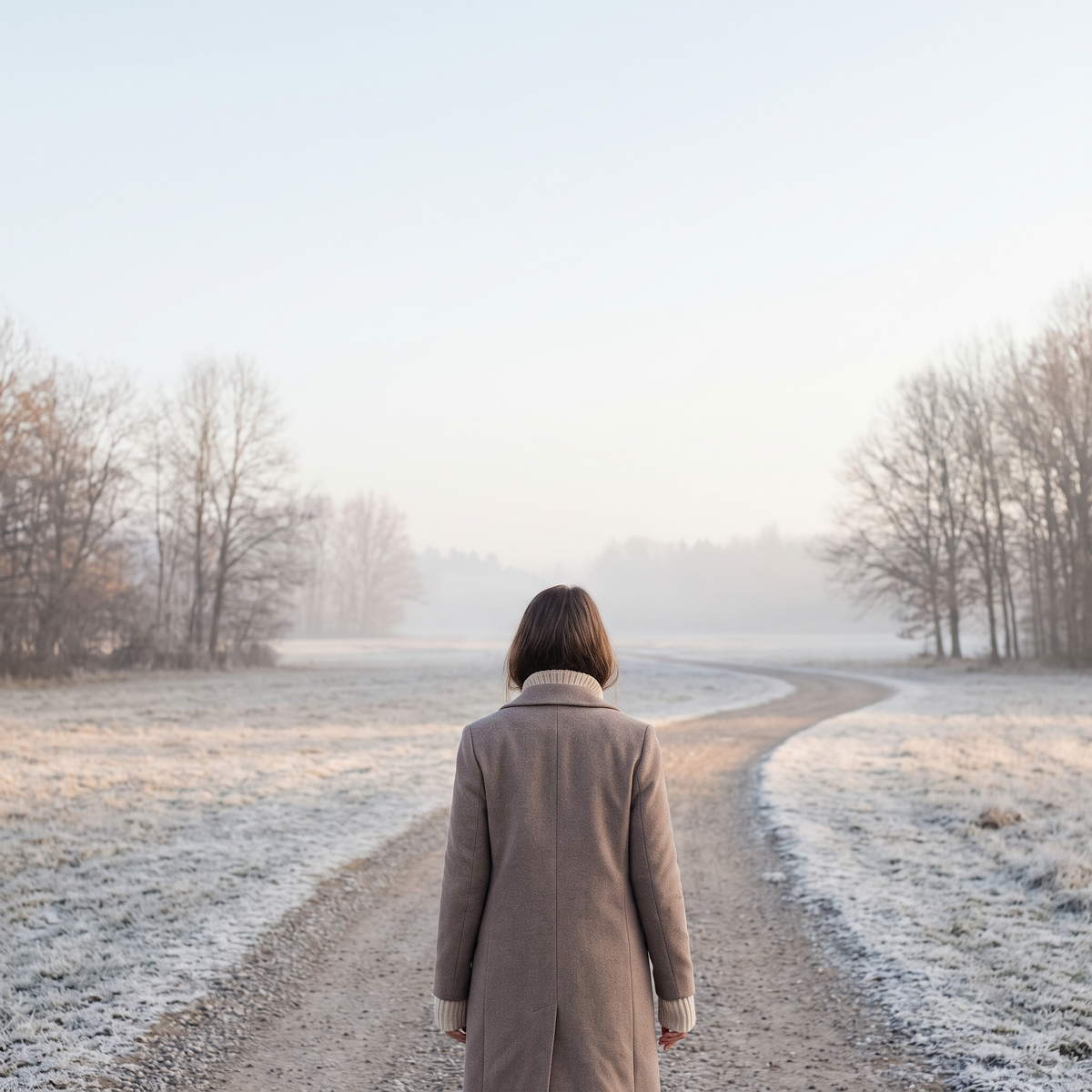 Vrouw wandelt over een winters pad in het lage ochtendlicht