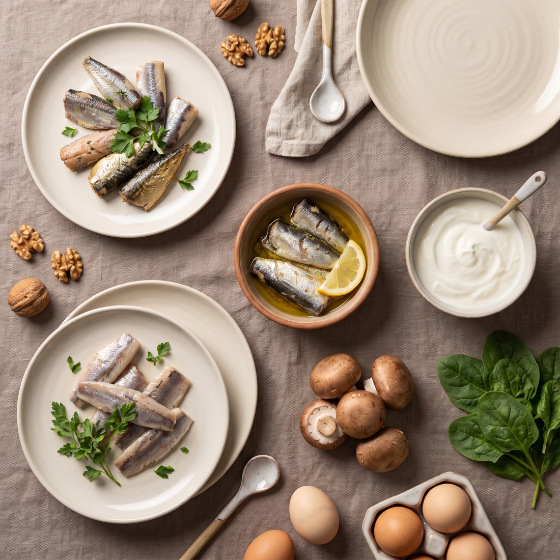 Tafel met haring, makreel, sardines, eieren, champignons, yoghurt en spinazie