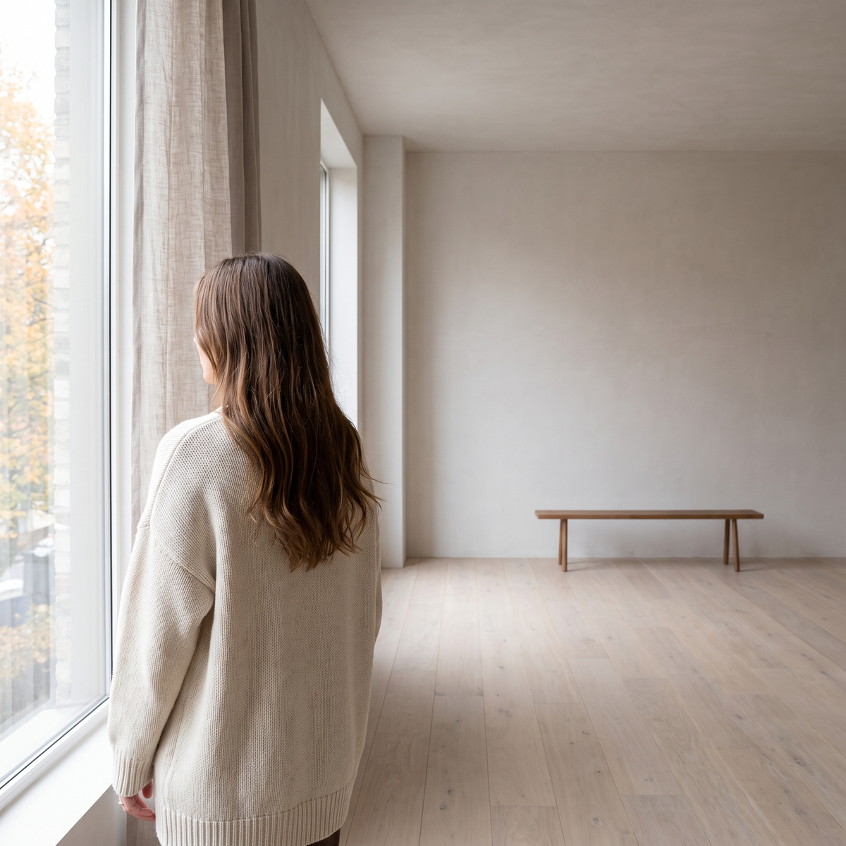 Vrouw met lang haar bij een raam in een licht, ruim interieur met herfstlicht