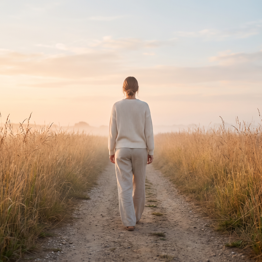 Vrouw wandelt in de vroege ochtend over een zandpad langs hoog gras