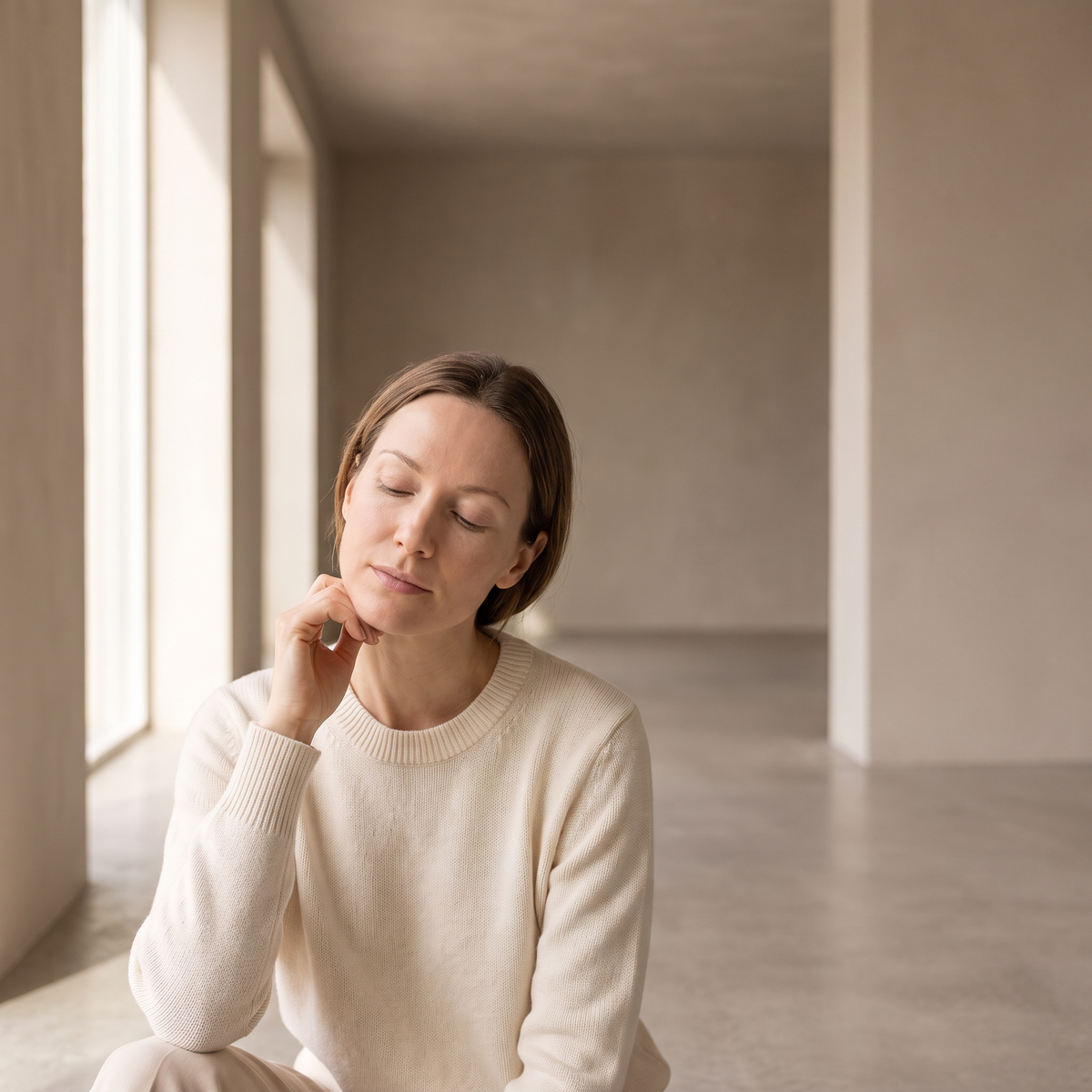 Vrouw met rustige huid in strijklicht bij het raam