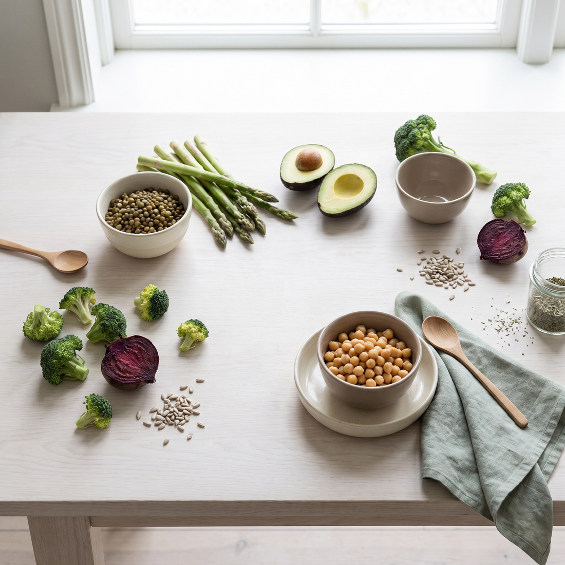 Folaatrijke voeding: linzen, kikkererwten, asperges, avocado, broccoli en biet