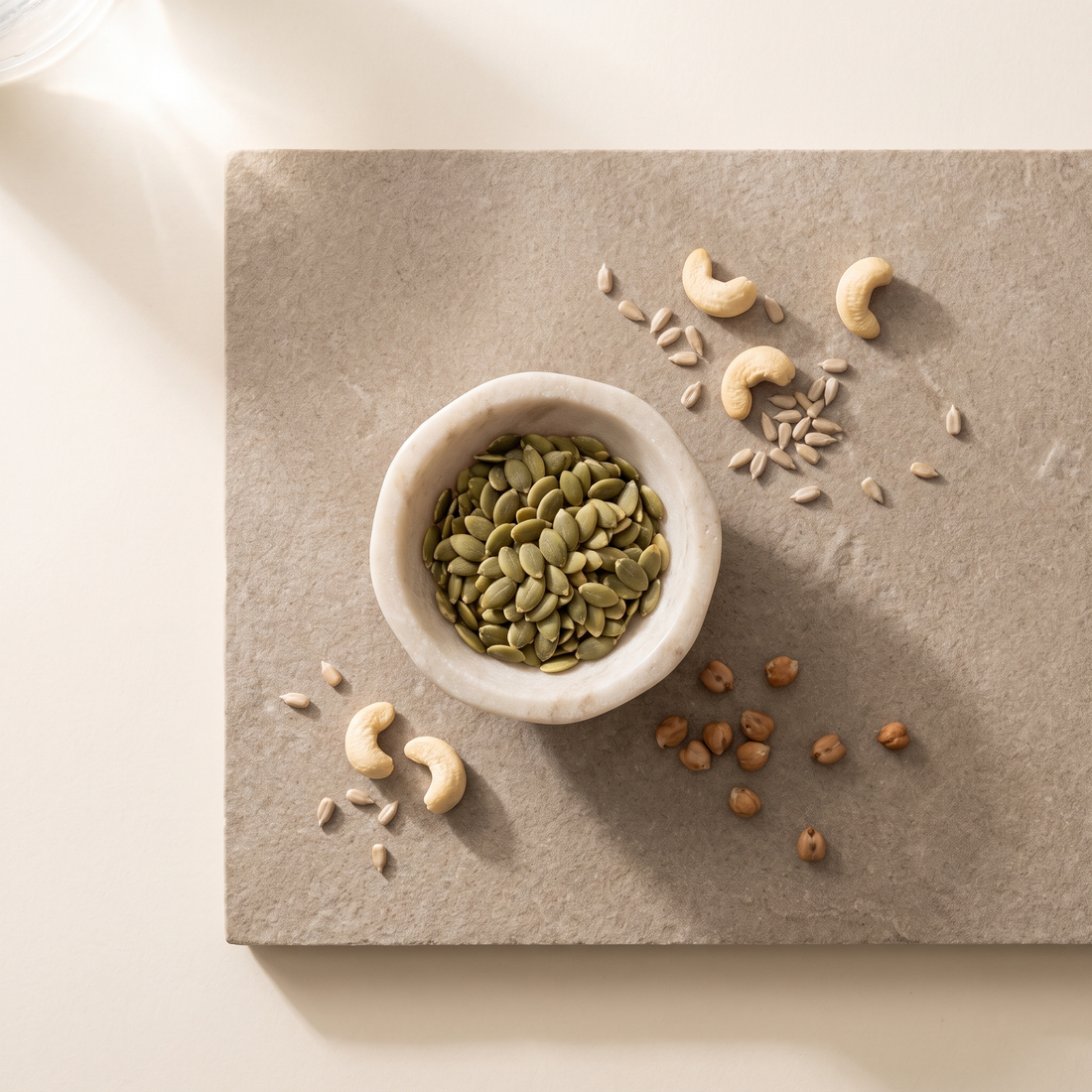 Pompoenpitten, cashewnoten en kikkererwten op een warme stenen ondergrond