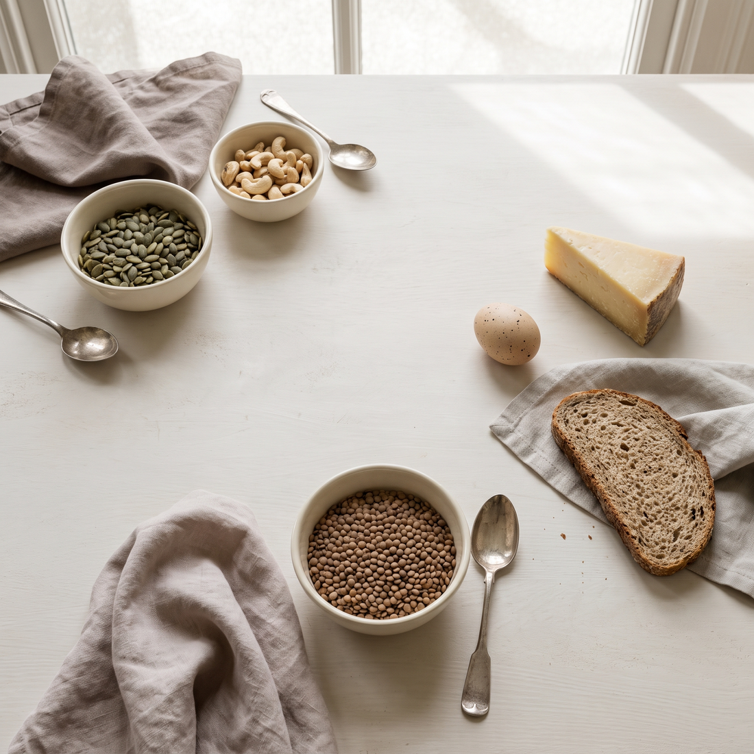 Zinkrijke voeding: pompoenpitten, cashewnoten, linzen, ei, kaas en volkorenbrood
