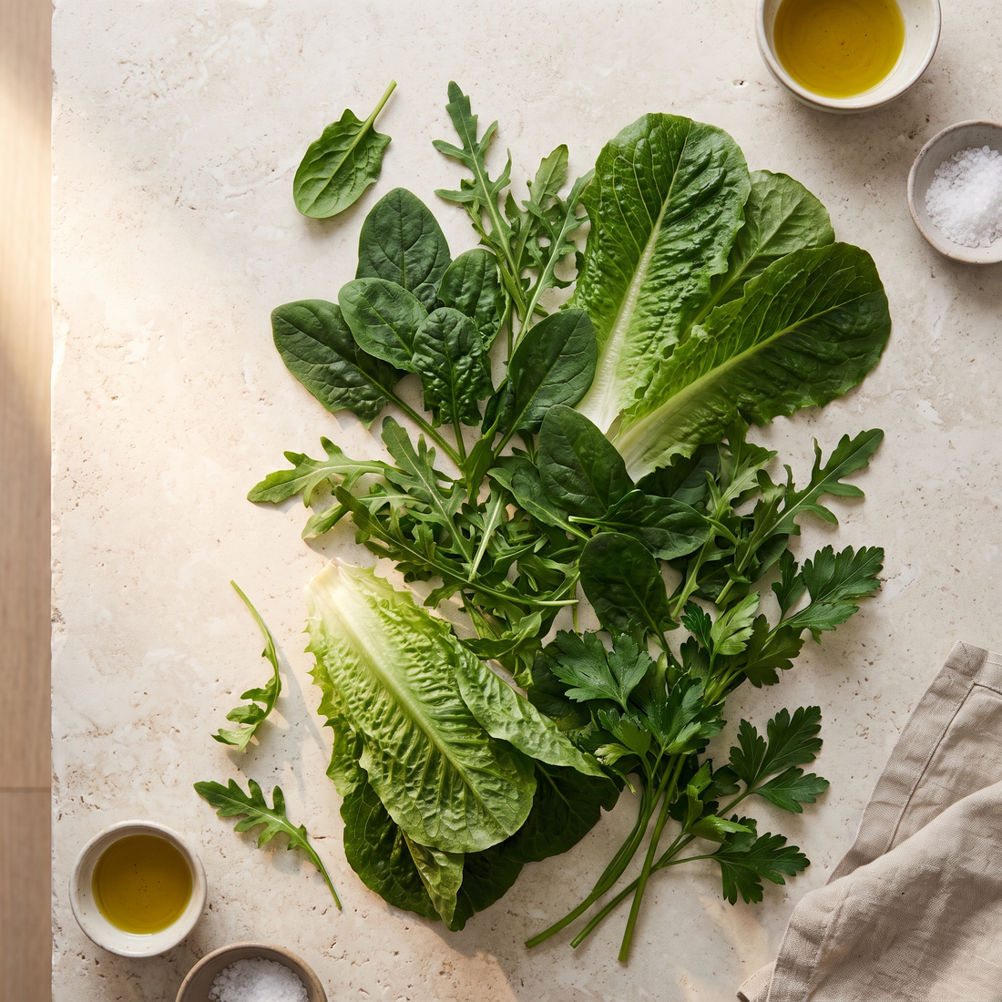 Verse bladgroenten: spinazie, rucola, romaine en peterselie