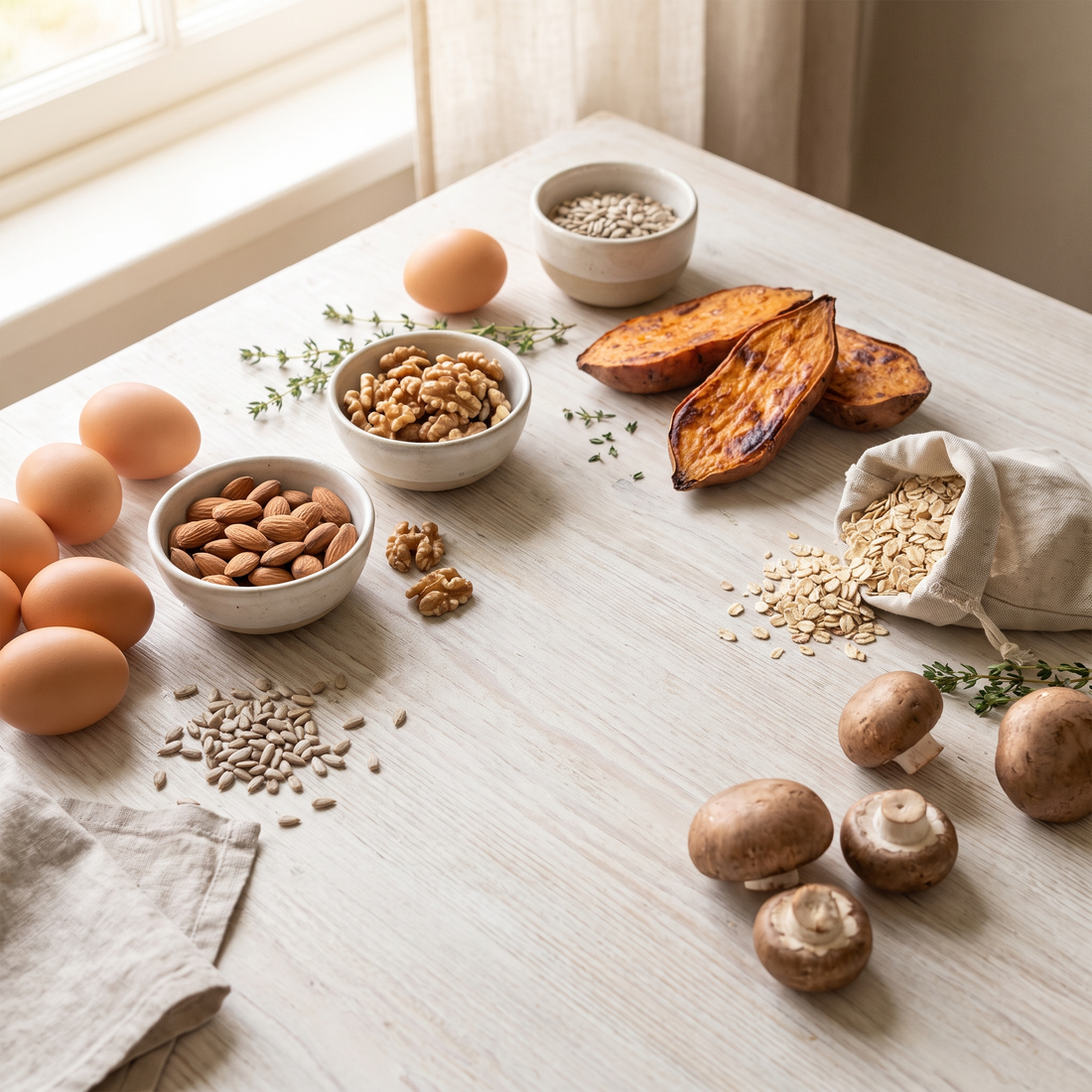 Biotinerijke voeding: eieren, amandelen, walnoten, zoete aardappel, champignons en havervlokken