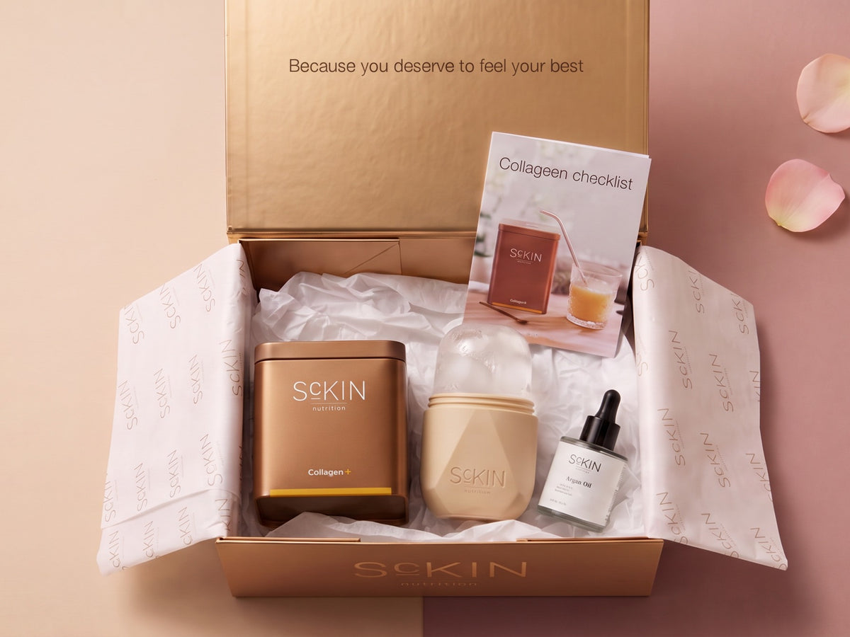 Glow Box van ScKIN Nutrition met Collagen+, Facial Ice Sculpt en Argan Oil